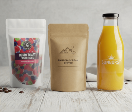 Custom food packaging labels on products.