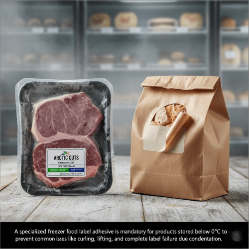 Freezer food labels on meat and bread.