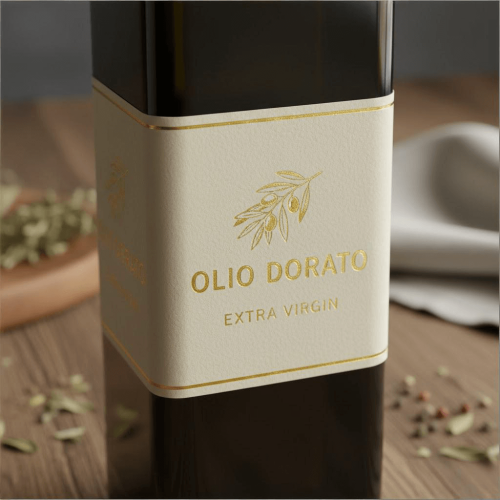 Gold foil embossed olive oil label.