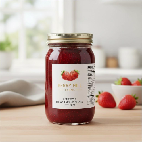 Strawberry jam with permanent label.
