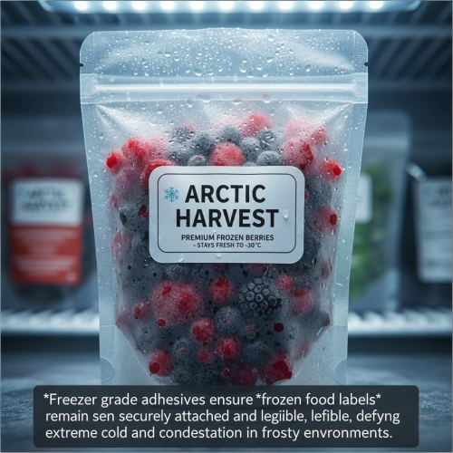 Freezer label on icy berry bag.