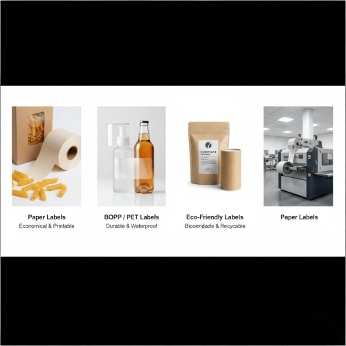 Comparison of label materials: paper, BOPP/PET waterproof, and eco-friendly labels for different products.