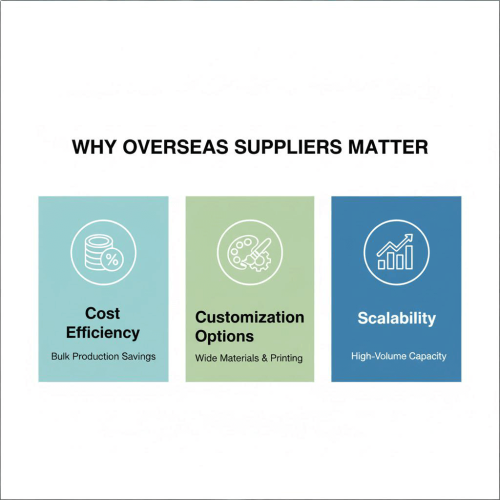 Infographic showing cost efficiency, customization, and scalability advantages of overseas label suppliers.