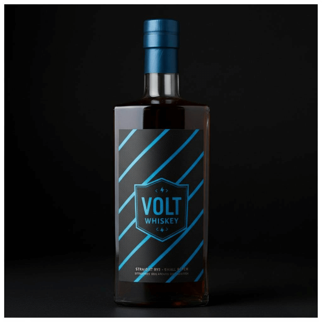 Bold Volt Whiskey hot stamping label in black and blue, featuring geometric stripes and blue foil accents.