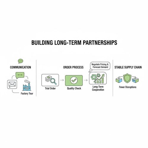 Process flow for building long-term adhesive label partnerships: Trial Order, Quality Check, Stable Supply Chain.