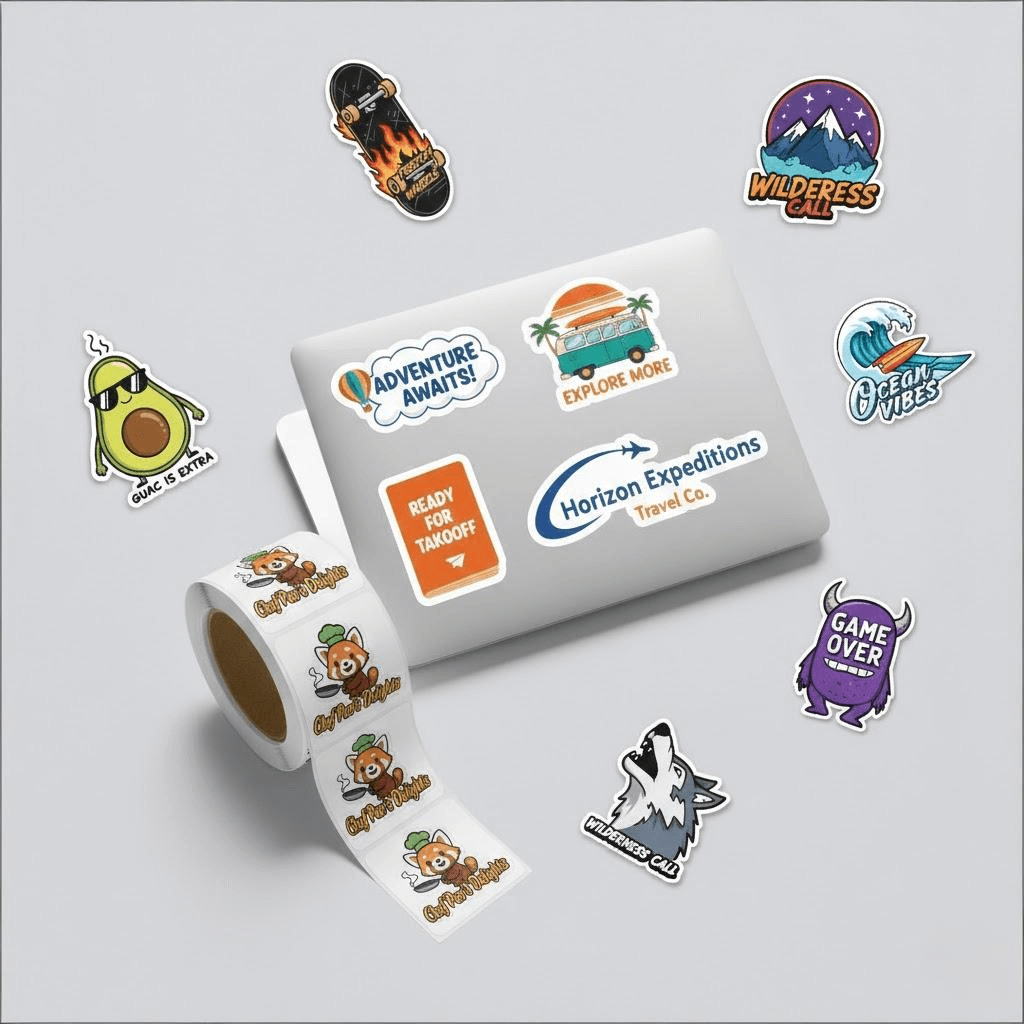 Vibrant cartoon character vinyl stickers.