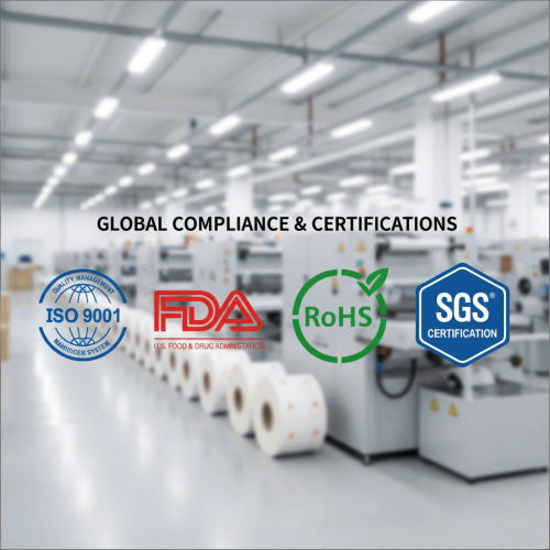 Global compliance icons: ISO 9001, FDA, RoHS, and SGS certifications for an adhesive label supplier.