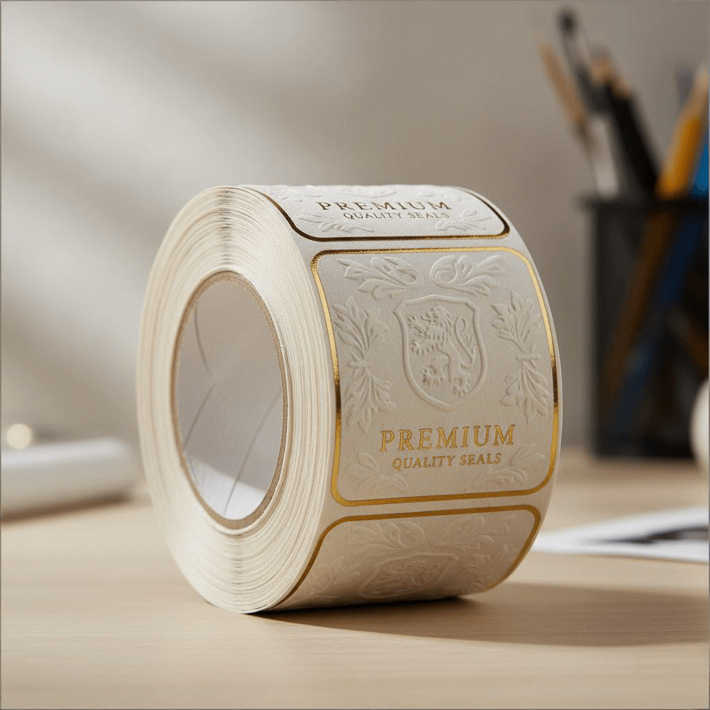 Embossed paper label roll with raised texture and gold foil details for premium packaging.