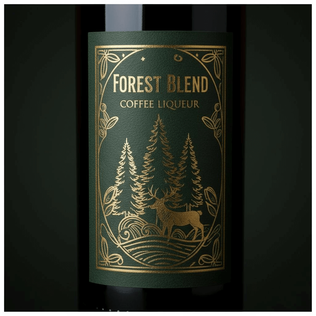 Luxury green sticky label for coffee liqueur, designed with gold metallized finish detailing a forest scene.