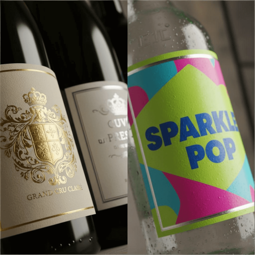 Side-by-side comparison of luxury embossed wine label and colorful modern sparkling soda label