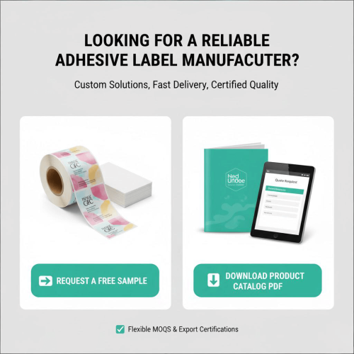 Call to action for custom adhesive labels: Request a free sample and download the product catalog PDF.