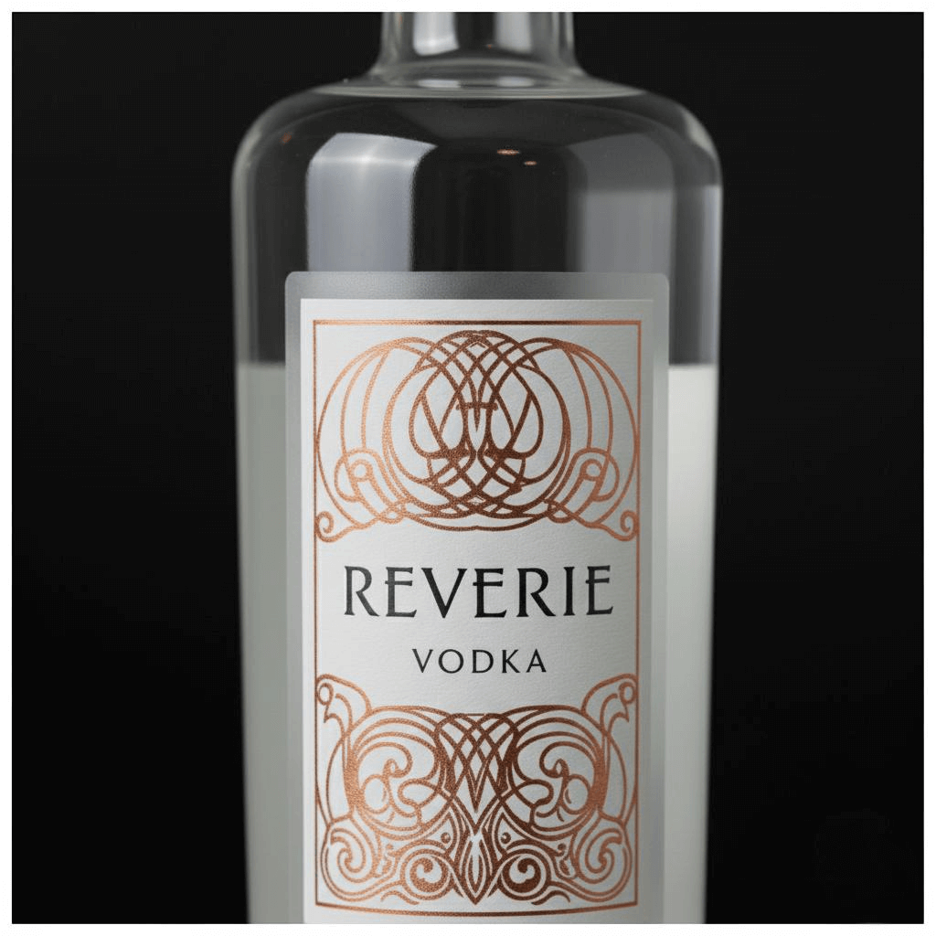 Clear bottle of Reverie Vodka with a white product decal accented by intricate rose gold foil stamping.