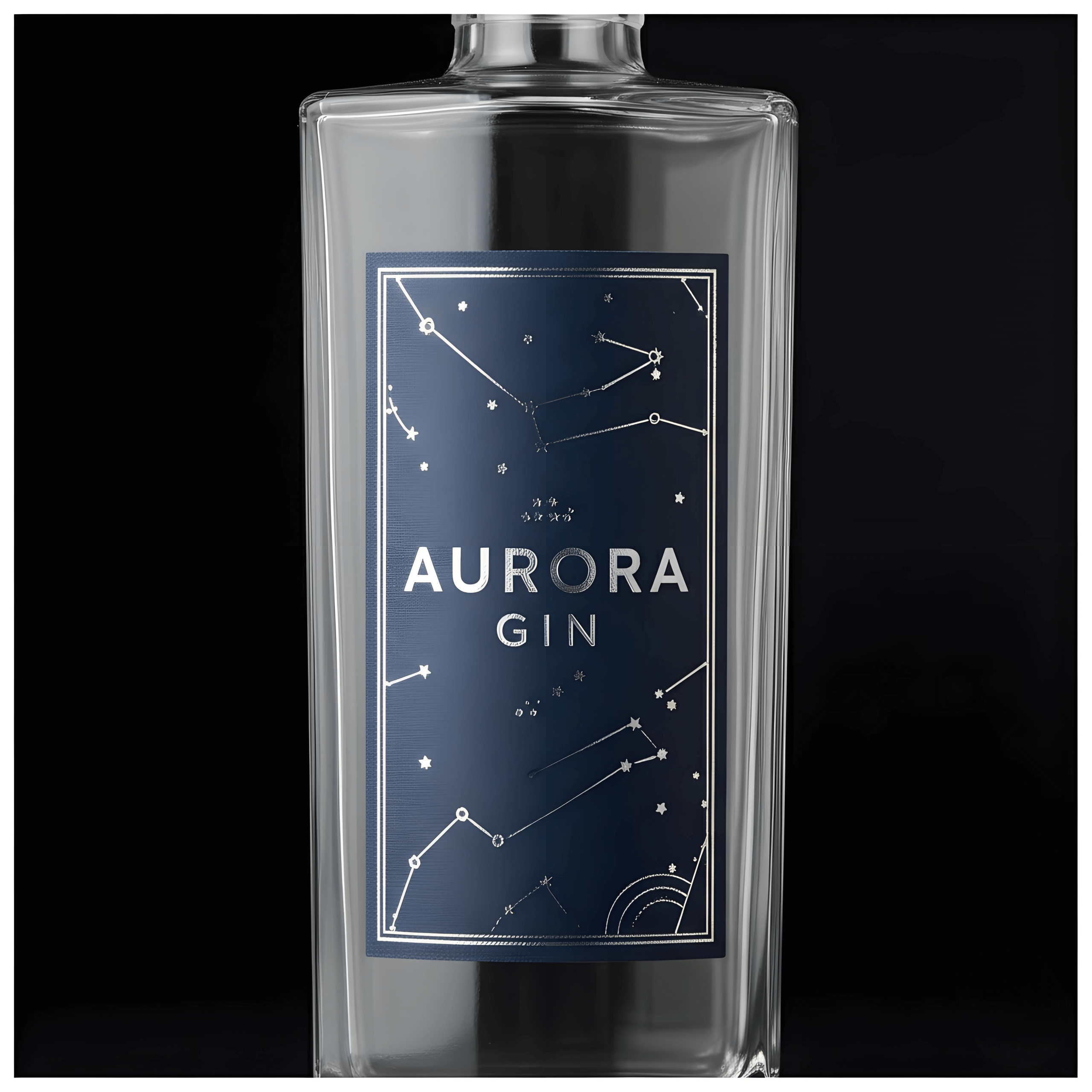 Aurora Gin pressure sensitive label using silver hot stamping to depict celestial constellations on deep indigo blue.
