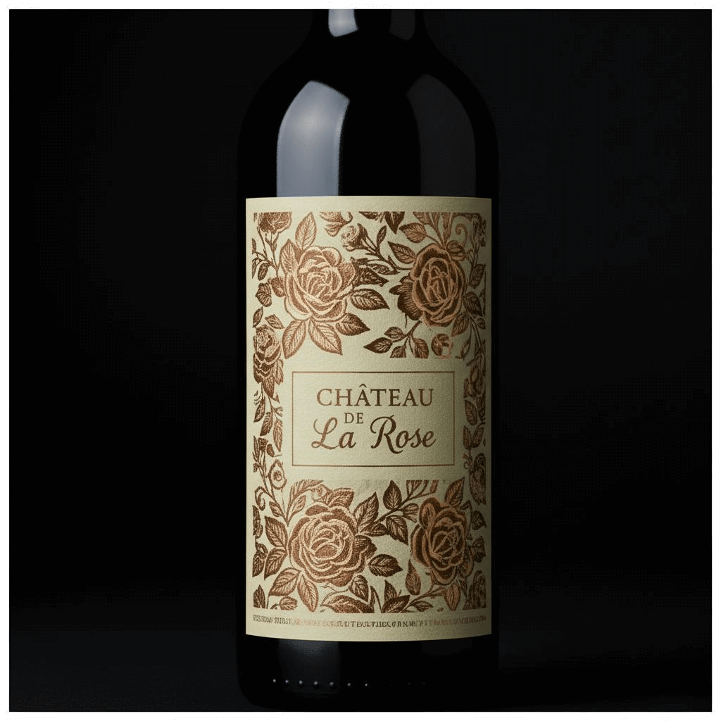 Elegant wine bottle with a cream-colored decorative label featuring copper embossed foil roses.