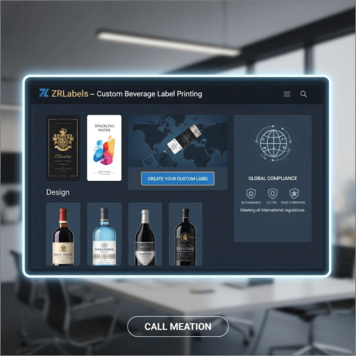 ZRLabels custom beverage label printing interface showing design options and global compliance