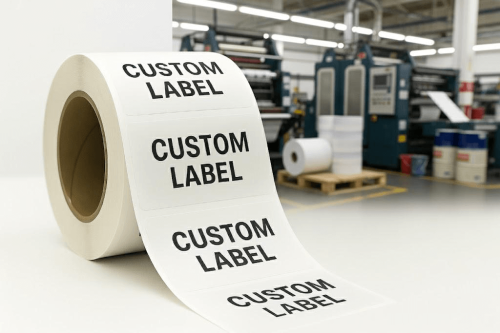 Roll of custom adhesive labels in a China label printing factory.