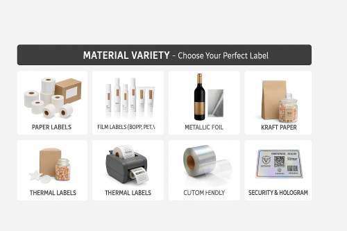 Custom label material variety: paper, BOPP, film, foil, and security labels.