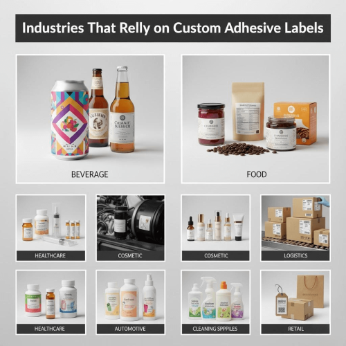 Industries using custom adhesive labels: beverage, food, cosmetic, and logistics labels.